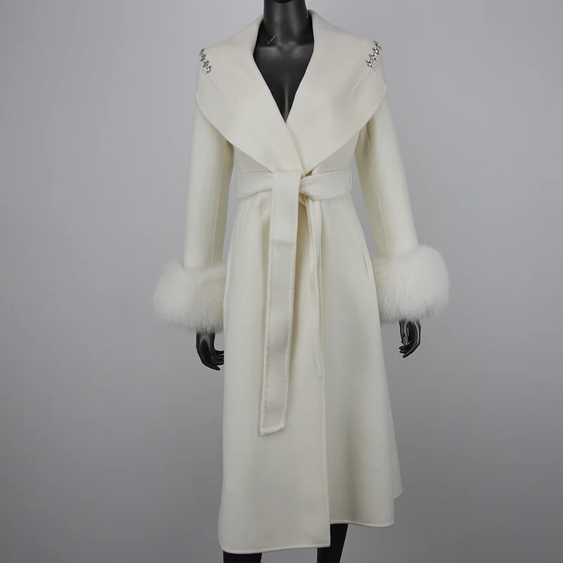 

2023 New Winter Woman Real Fox Fur Cuffs Big Turndown Collar Belt Slim Elegant X-Long Trench Coat Cashmere Blends Wool Outerwear