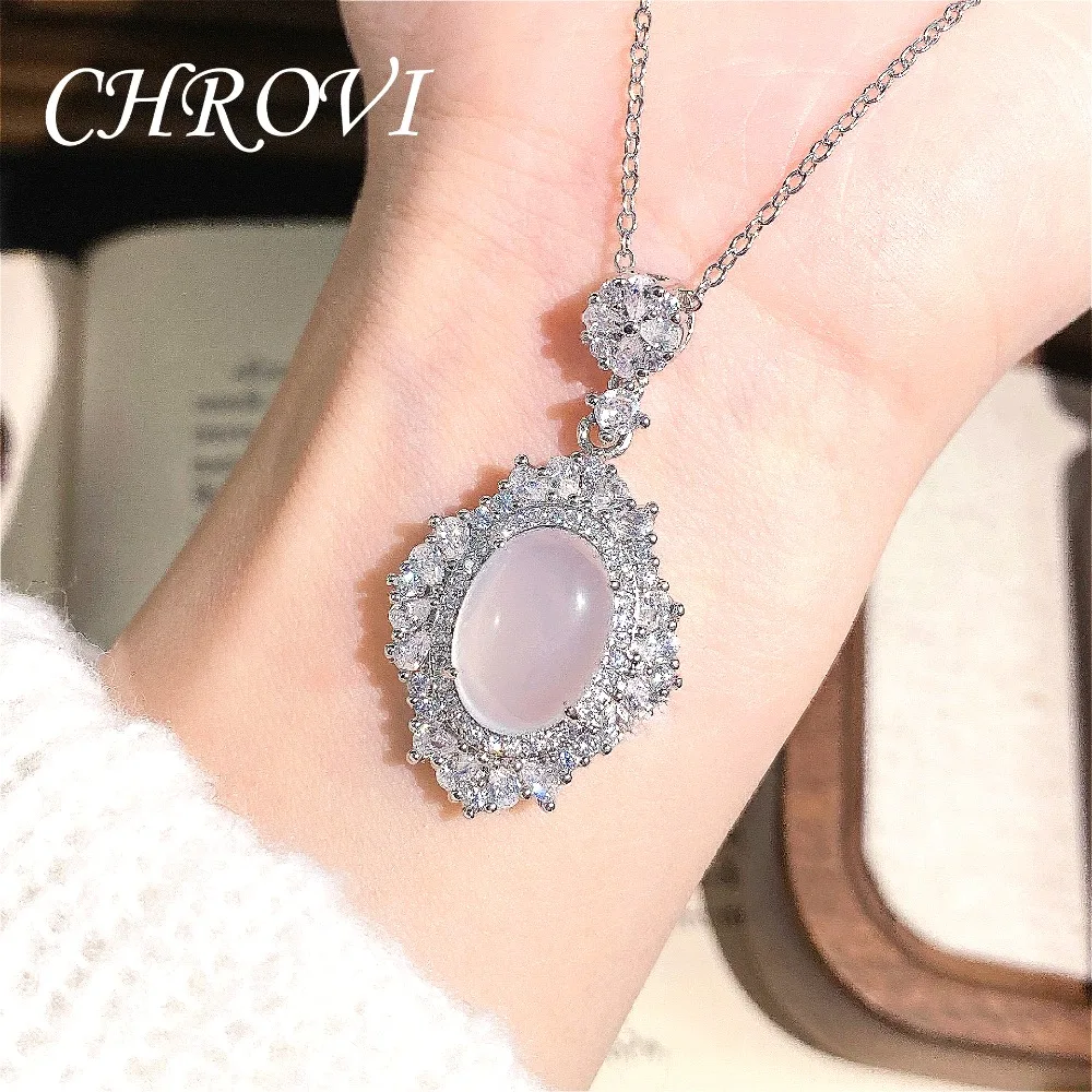 Luxuriöse Halskette aus 925er Sterlingsilber mit weißem Chalcedon-Cabochon für Damen, elegante Achat-Schlüsselbeinkette – Detail 4