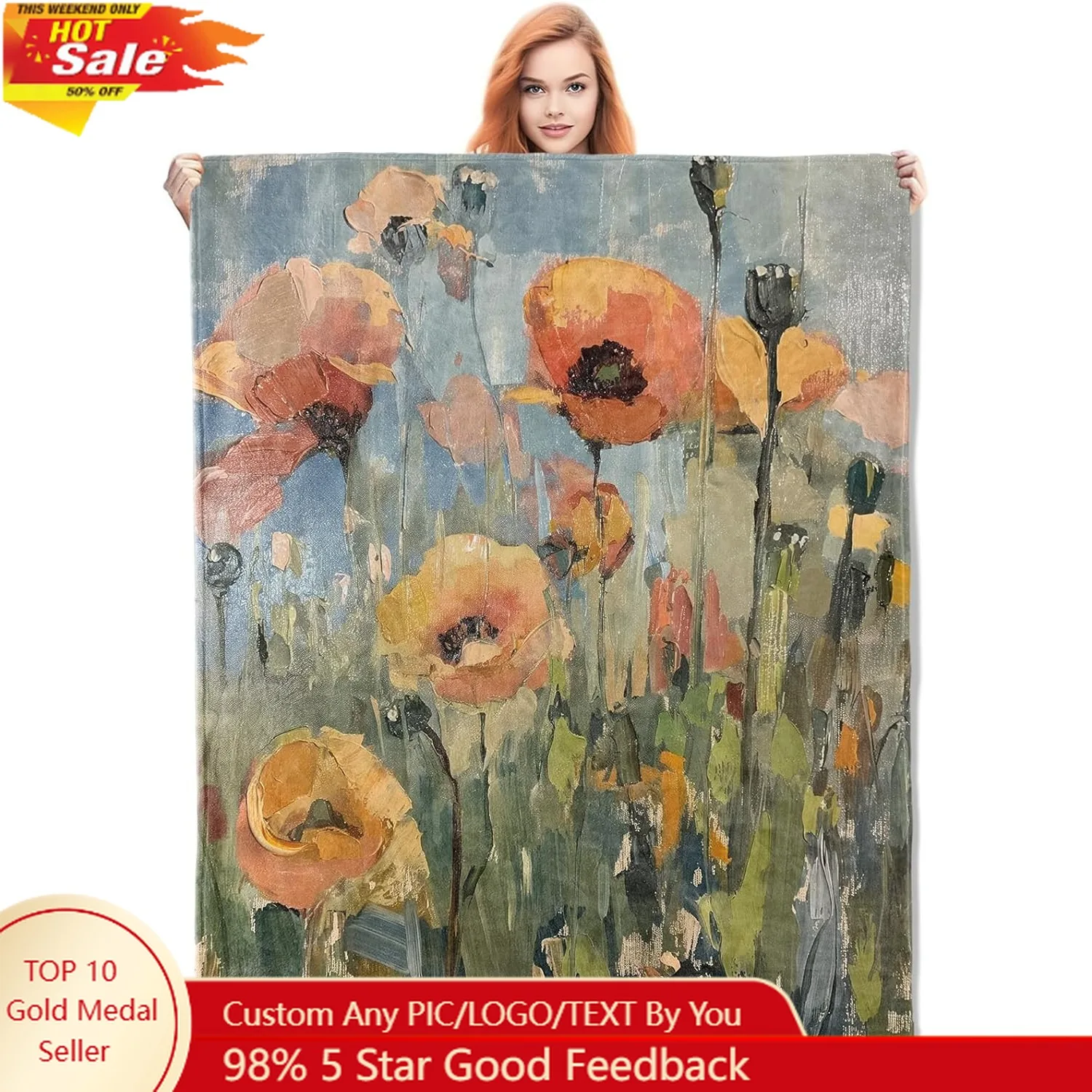 

Abstract Poppy Field Painting Blanket Floral Flannel Throw Blankets Soft Warm Lightweight Cozy Plush Throws Custom blankets