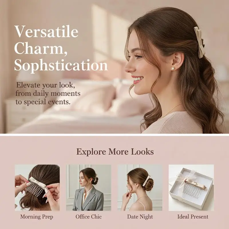 Vintage Style Satin Bow Hair Comb Non Slip Metal Teeth Exquisite Hair Accessory for Bridal Wedding Evening Party