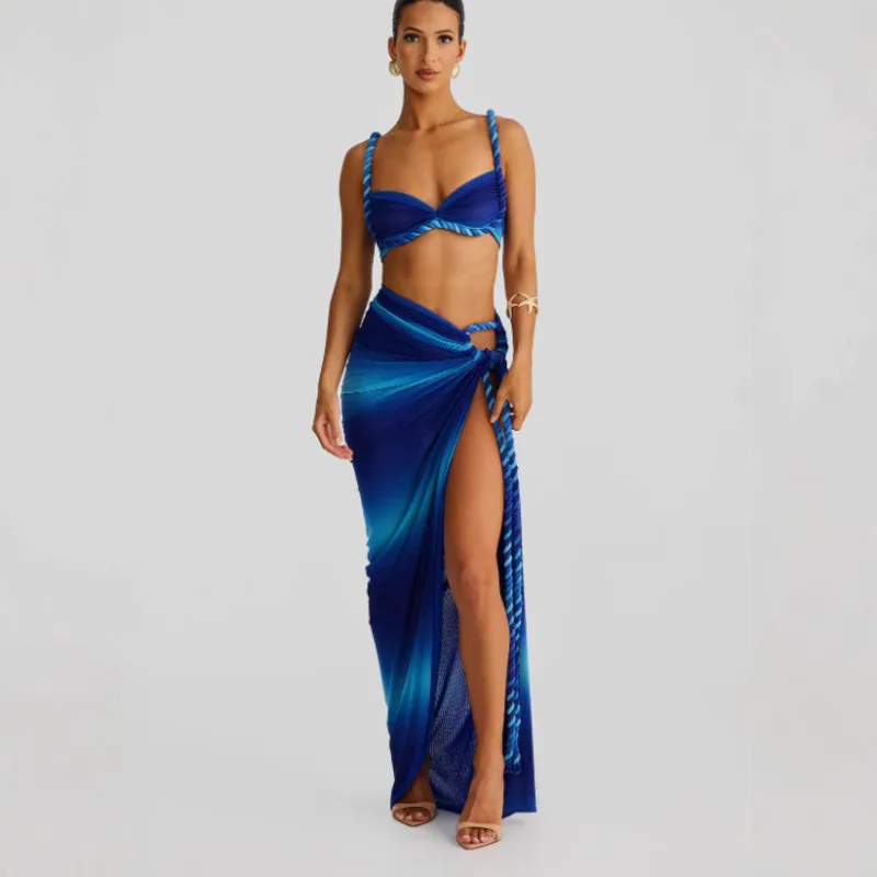 

Beach Vacation Twist Knit Set Women Summer New Sexy Backless Halter Top With High Slit Bodycon Skirt Casual Boho Outfit