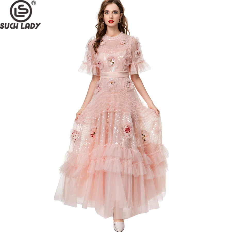 Vestidos Femininos Elegantes com Decote Redondo, Mangas Curtas, Apliques de Flores, Rendas em Camadas, Patchwork, Tamanhos S M L XL XXL 4XL