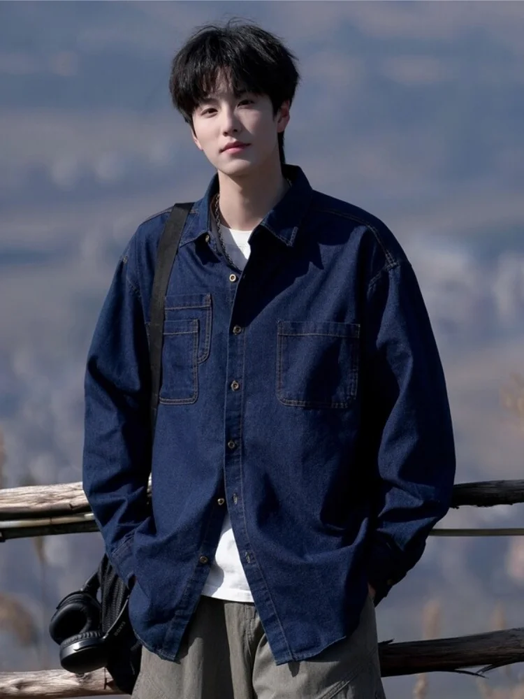 

Retro Japanese Style Men's Denim Shirt Casual Outerwear Spring Autumn Trendy Youthful Classic Collar Long Sleeve Loose Fit