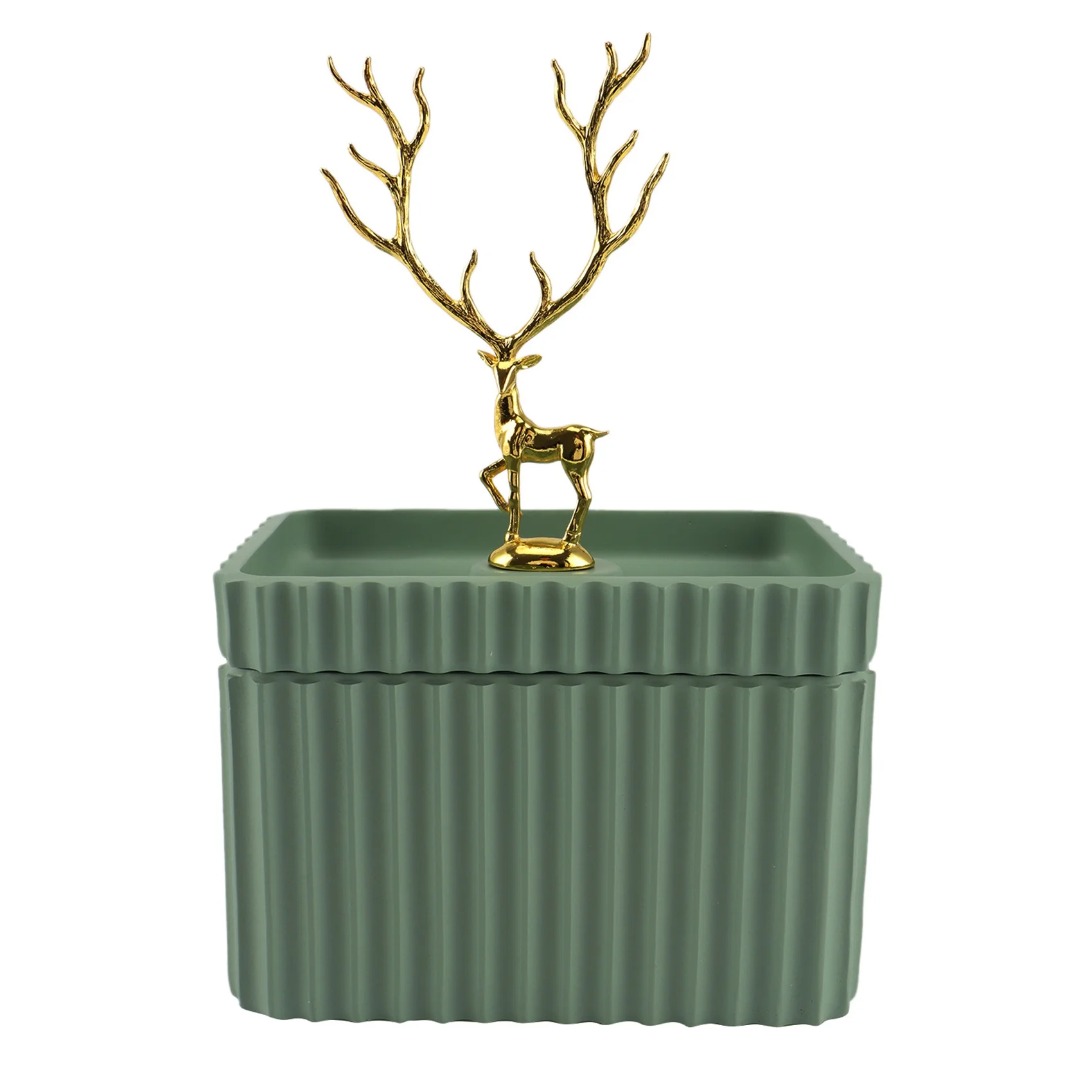 Golden Deer Rectangular Tissue Box Resin Striped Storage Tissue Canister Living Room Desktop Home Decor,Dark Green