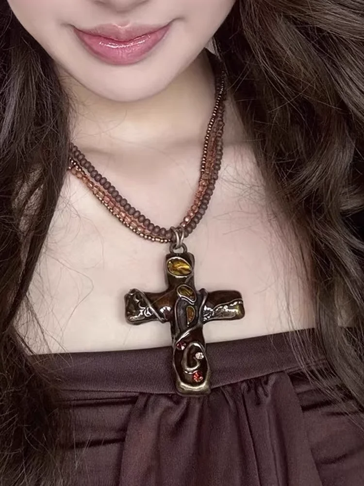 

New Arrival Brown Cross Necklace Keychain Pendant For Man Women Gift