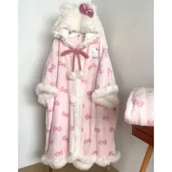 Sanrio Pajamas Hellokitty Nightgown Women's Coral Velvet Autumn and Winter Thickened Cloak Hello Kitty Pajamas Home Clothes