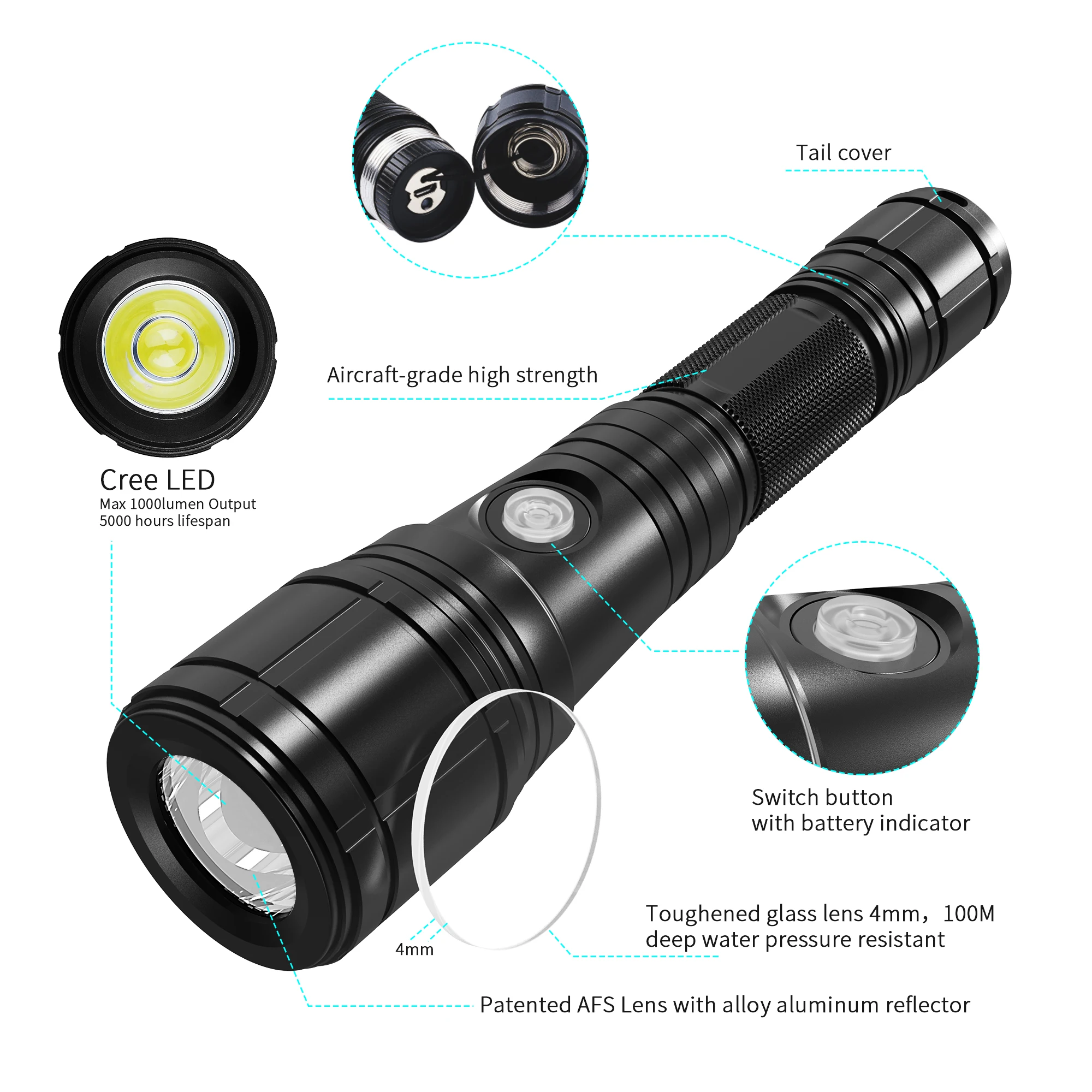 Manufacturer Zoom Scuba Diving Light XPL2 Super Bright 1000lm 18650 diving Flashlight Focusable 100 meters waterproof Type-C