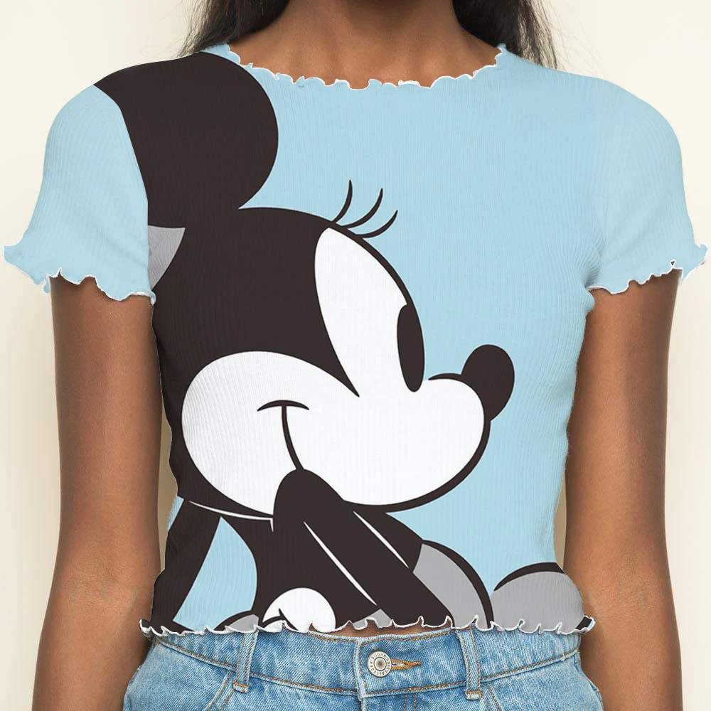 Y2k T-shirts Mickey Disney Lettuce Trim Minnie Mouse Summer Clothes Women 2024 T-shirt Crop Tops Sexys Woman Clothing Top Disney