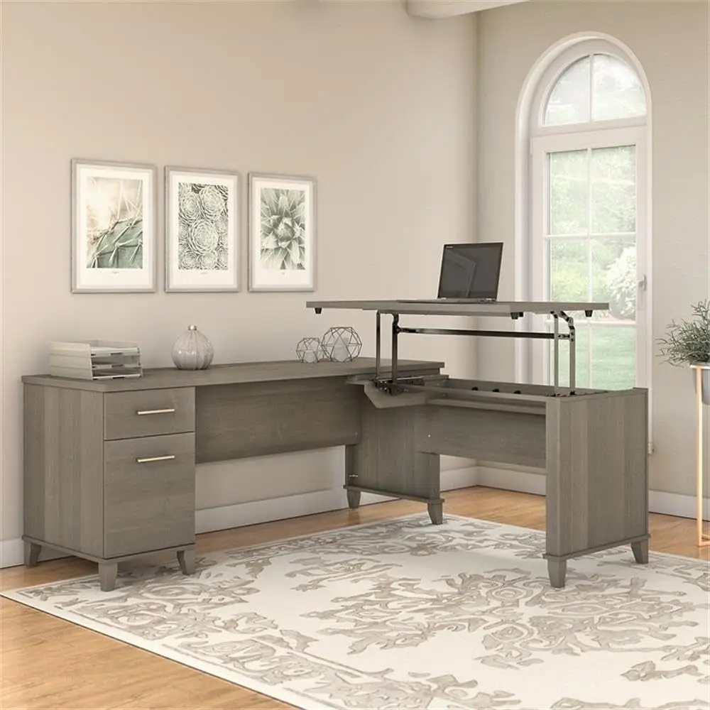 Bush Furniture Somerset 72W 3 Position Sit To Stand L Shaped Desk In Ash Gray