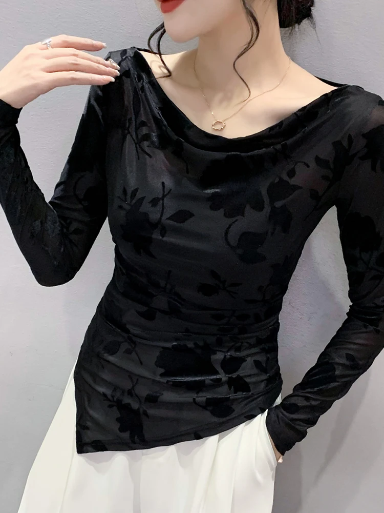 섹시한 롱 슬리브 언더레이 티셔츠 여성용 패셔너블한 언밸런스 밑단 원숄더 탑 한국 스타일 출퇴근용 독창적인 패턴