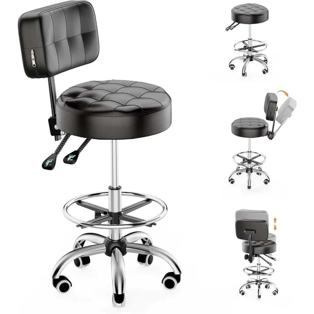 

Rolling Stool, Rolling Stools with Wheels Foot Rest, Backrest Adjustable Height, Heavy Duty 400lbs Weight Capacity, Salon Spa T