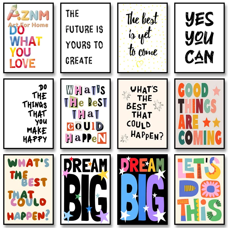 AZNM Colorful Motivational Quote Canvas Wall Art Positive Inspirational Text Poster Kids Classroom Bedroom Office Unframed Decor