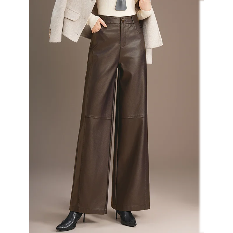 

Осень-зима, новые модные теплые кожаные женские высококачественные элегантные универсальные широкие брюки из искусственной кожи для поездок на работу