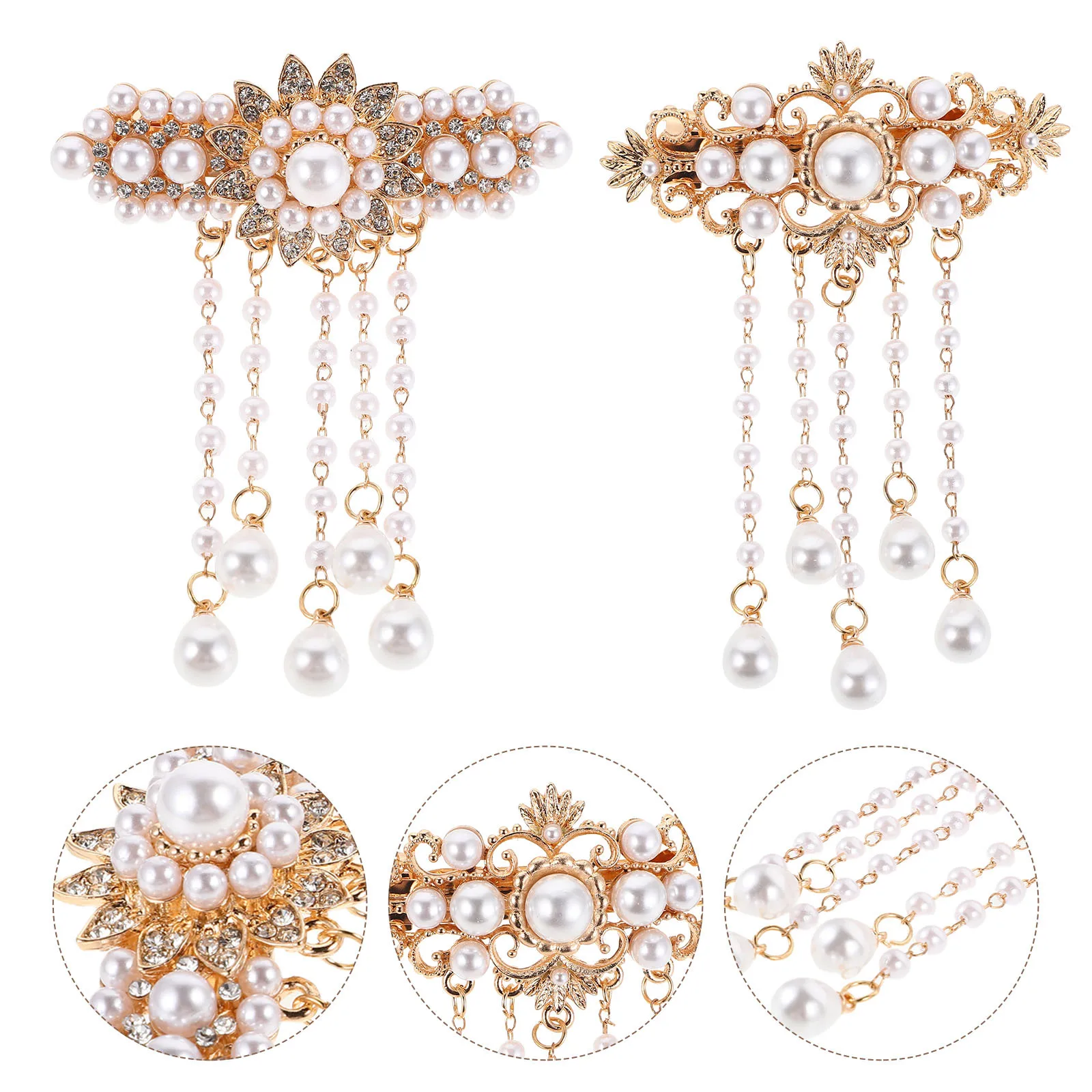 

2pcs Vintage Palace Style Hair Clips Rhinestone Tassel Fringe Spring Clip For Women Pearl Hair Accessories Bridal Wedding