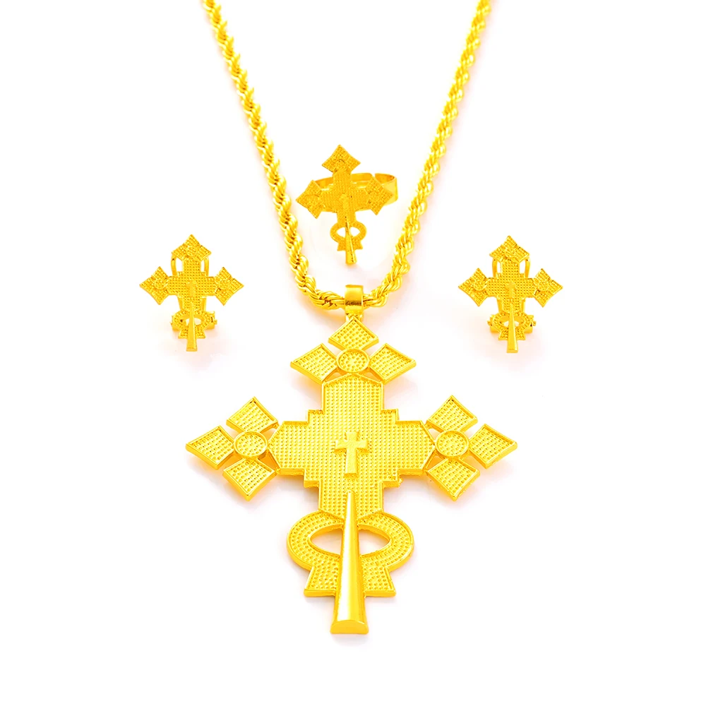 Ethiopian Big Cross Pendant Chain Earrings Ring Women Gold Color Eritrea Traditional African Jewelry