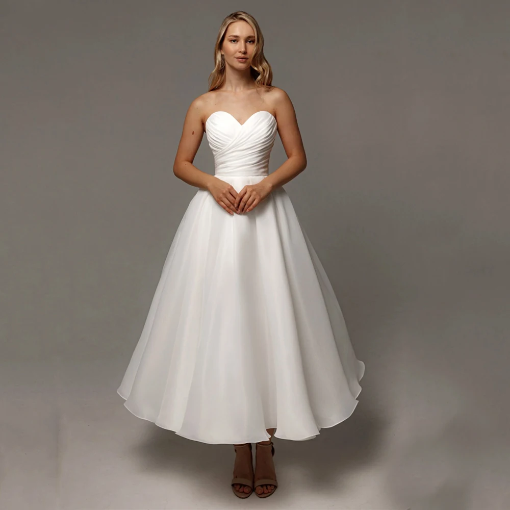 Gaun Pengantin Midi A-Line 2025 Tanpa Lengan Korset Organza Tanpa Tali Model Tea-Length Gaun Pengantin Custom vestidos de novia