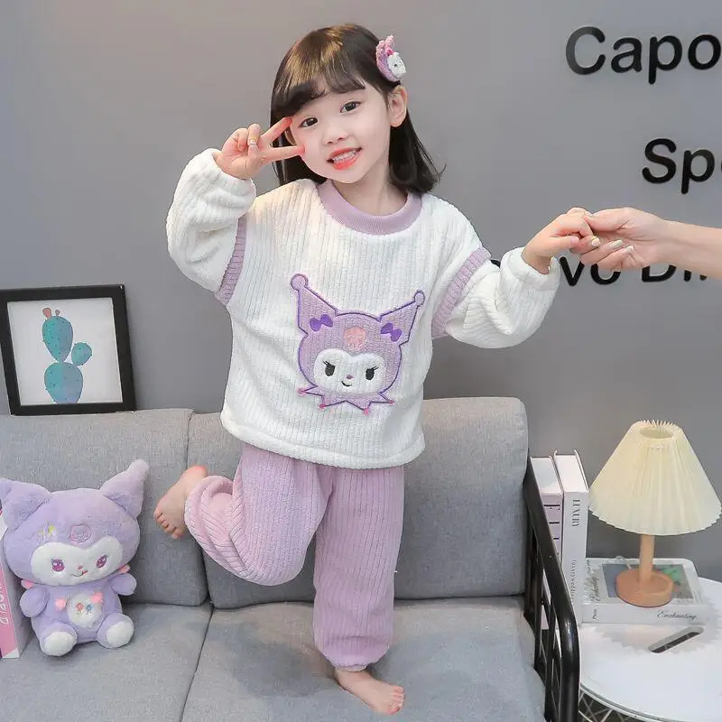 

Hot Sanrio Girls Cartoon Coral Fleece Pajamas Sets Kuromi Kids Kawaii Leisure Wear Soft Spring Autumn Night Clothes Girl's Gift