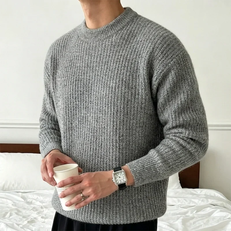Herren Einfarbiger Strickpullover Frühling Herbst Lässige Mode Gerippte Textur Langarm Lockerer Rundhals-Strickpullover – Detail 28
