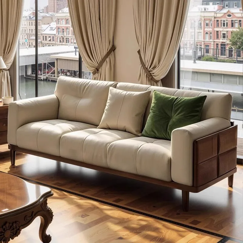 

New Chinese-style solid wood sofa living room straight row small apartment sofa black walnut Song's aesthetic furniture
