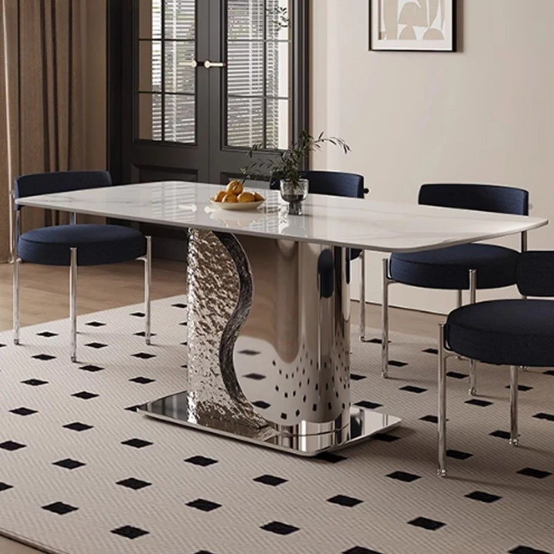 Luxury sintering stone dining table with mirrored stainless steel water ripple base, modern high-end hotel