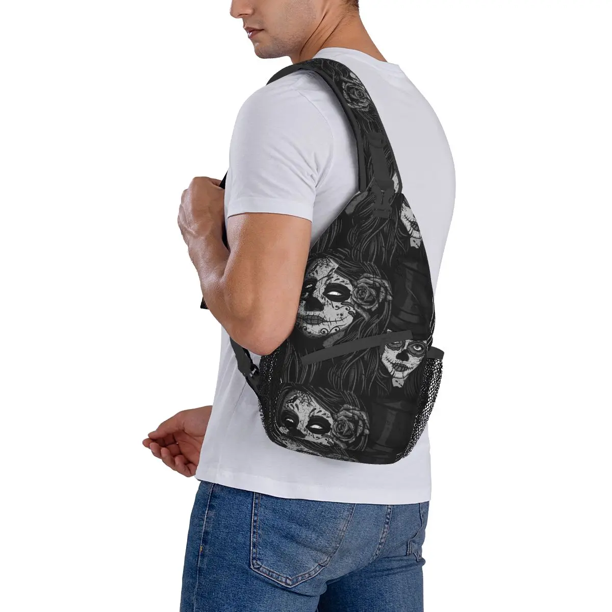 Sugar Skulls Dia De Los Muertos Sling Bag Chest Crossbody Shoulder Backpack Outdoor Sports Daypacks Mexican Death Festival Bags