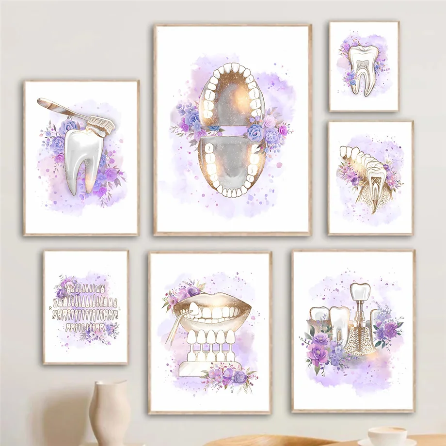 Teeth Anatomy Art Floral Oral Health  Watercolor Dentistry Posters Canvas PaintingPrints Wall Pictures For Dental Clinic Decor