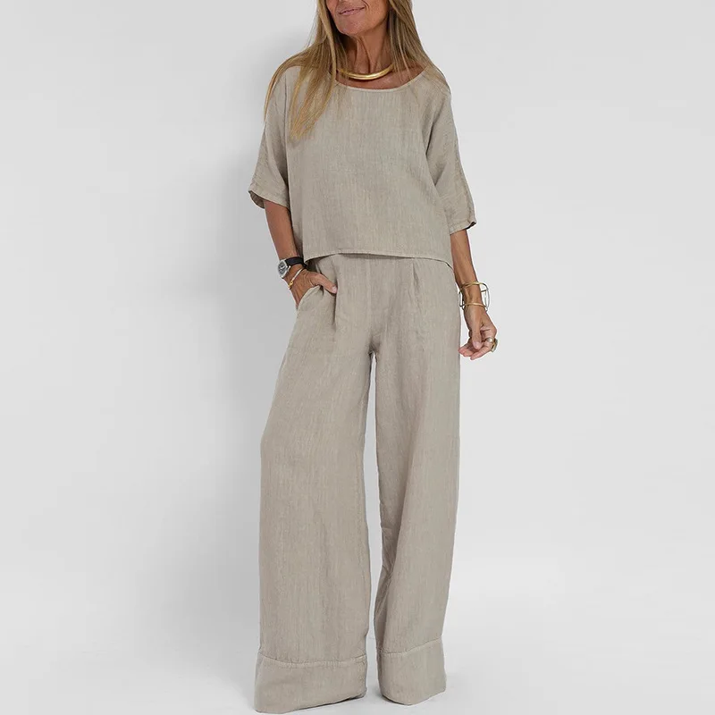 

Casual Fashion Pocket Trousers Beach Suit Spring Summer Short-sleeved Top Pullover Suit Women's Cotton Solid Color Two Pieces