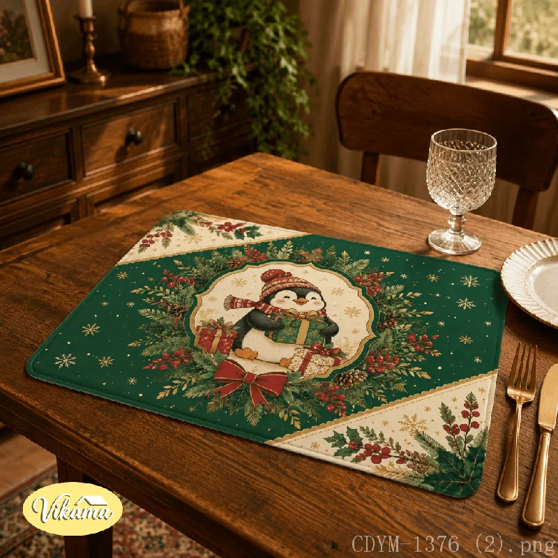 VIKAMA Christmas Placemat Green Penguin Gifts Print, Waterproof Oil-Proof Heat-Resistant Holiday Table Mat for Home