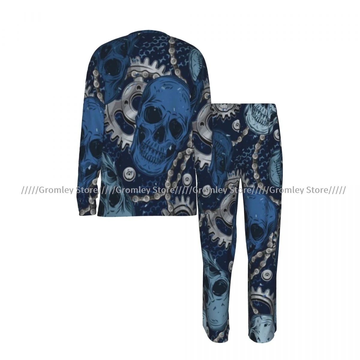 Camouflage Skulls Gears Bike Chain Men's Pajama Set Long Sleeve T-Shirt and Long Pants Sleepwear Male Nightwear Home Suit