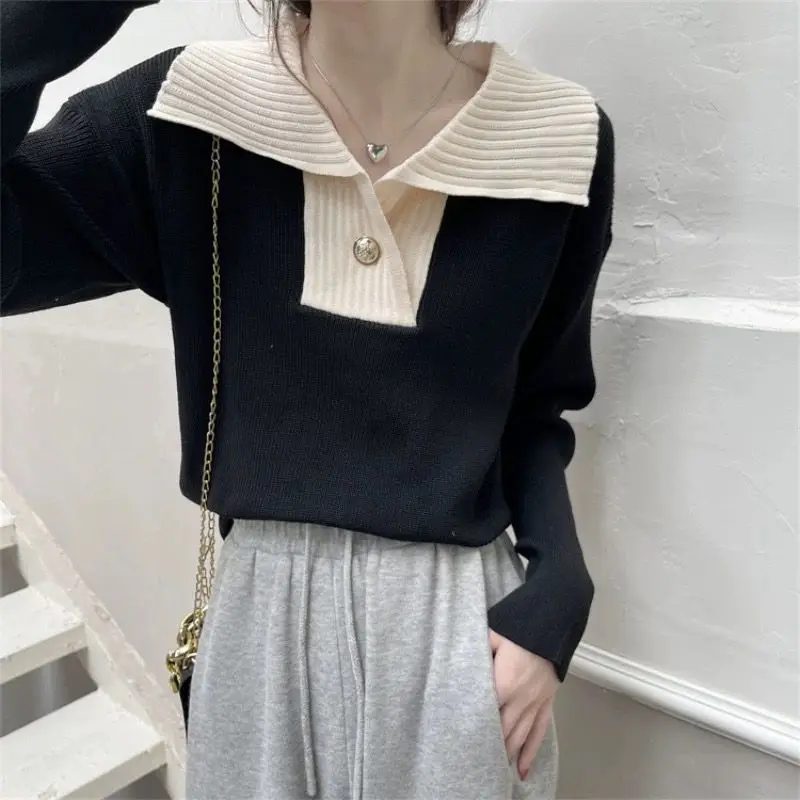 Damski krótki sweter z dużym kołnierzem, blokami kolorów, idealny na wiosnę, jesień i zimę, mały, luźny, bazowy sweter dzianinowy, modny top.