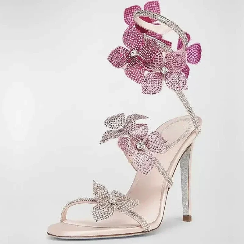

Дизайнерские женские пикантные сандалии на высоком каблуке со стразами и цветком на щиколотке, уличный стиль, роскошные брендовые сандалии с кристаллами, женские Zapatos Mujer