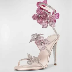 Design Rhinestone Flower High Heels Women Sexy Narrow Ankle Strap Street Style Crystal Luxury Brand Sandals Women Zapatos Mujer