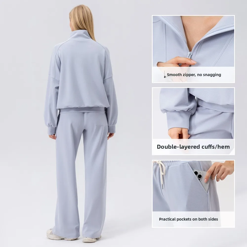 Autumn Winter Women Solid Color Half-Zip Two Piece Outfit Sweatshirt Wide Leg Pants Casual Running Gym Yoga Sports Set