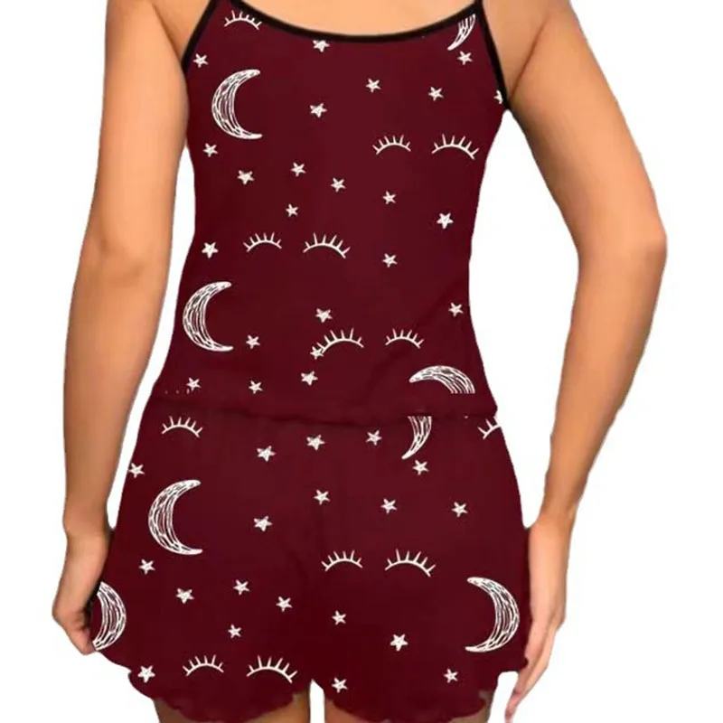 Women Heart-Shaped Moon Print Colour Collision Decoration Pajamas Set Sweet Wind Suspenders Shorts Two Sets of Black Large Size