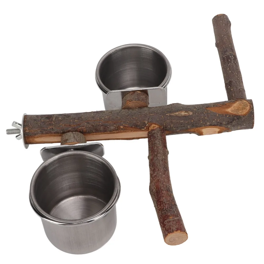 Stainless Steel Parrot Wood Stand Combination Set Food Water Bowl Wooden Bird Perch Wooden Perch Stand Bird Feeding Bowl