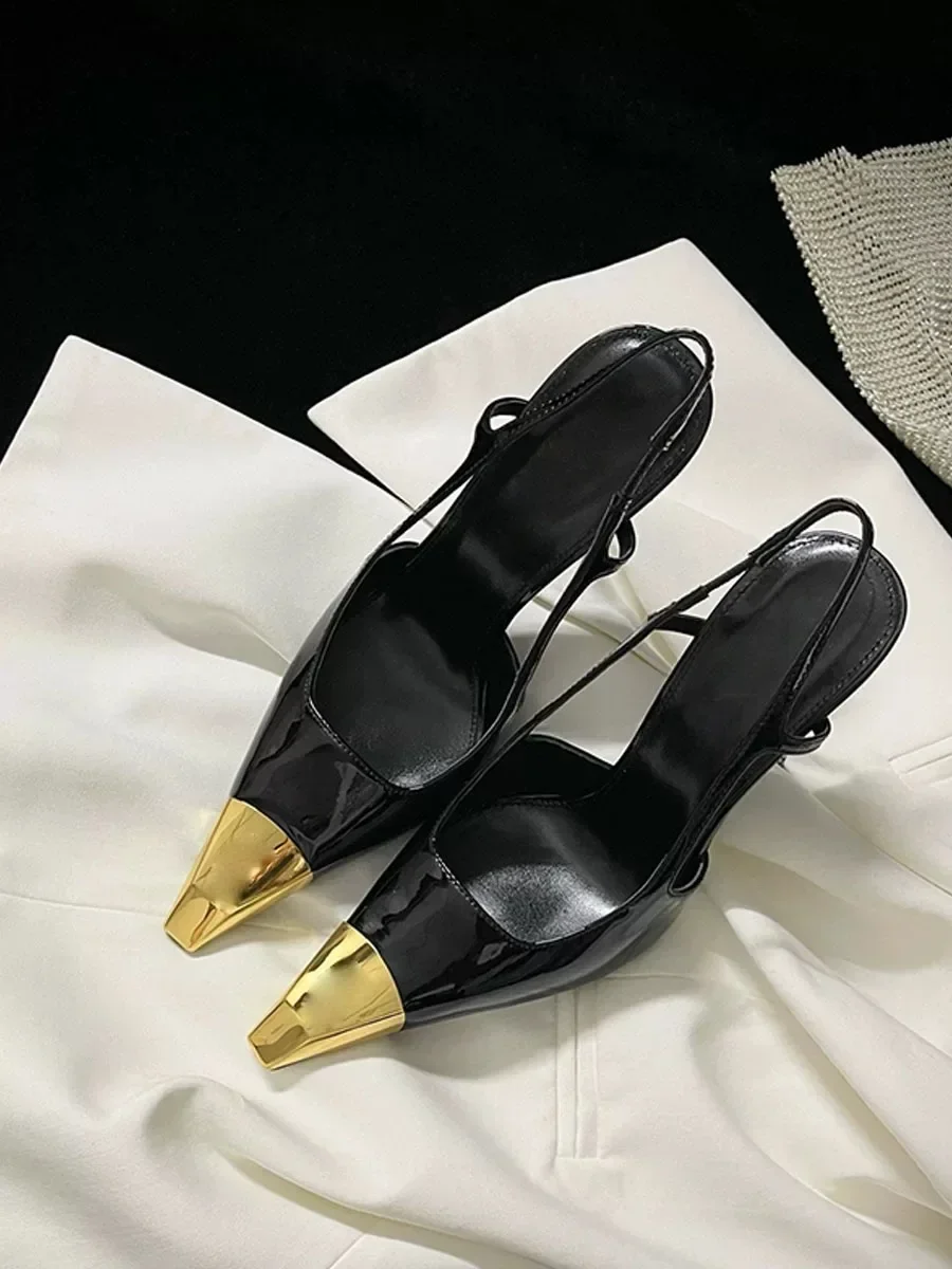 

Sharp pointed buckle sandals with women's summer new style small square toe metal toe sexy high heels single shoes