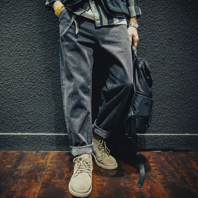 Black Loose Straight Leg Men's Jeans Autumn Casual Washed Cotton Denim Trendy plus Size Comfortable Versatile Long Trousers