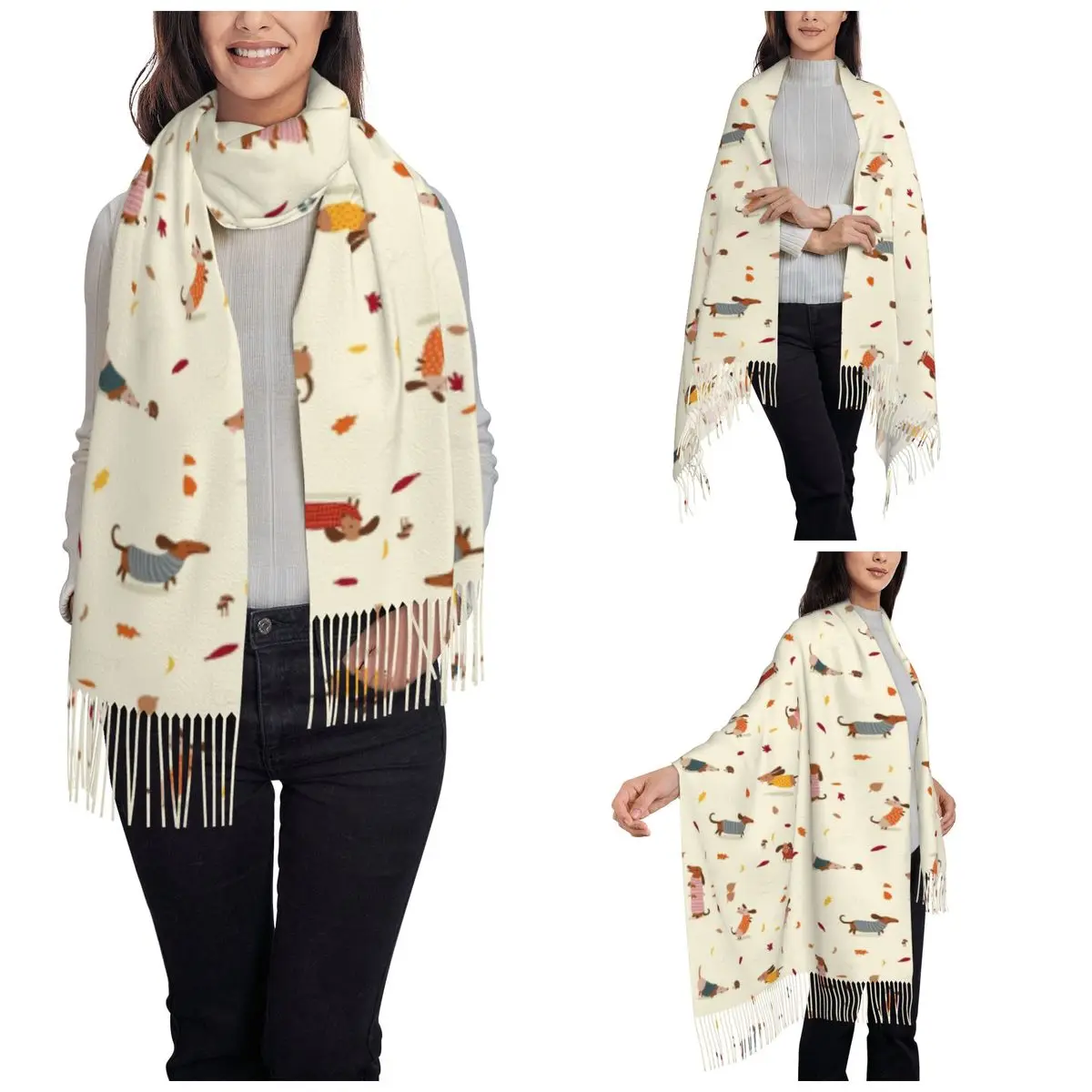 Womens Scarf with Tassel Cute Dachshunds Puppy Large Winter Fall Shawl Wrap Dog Gifts Cashmere Scarf