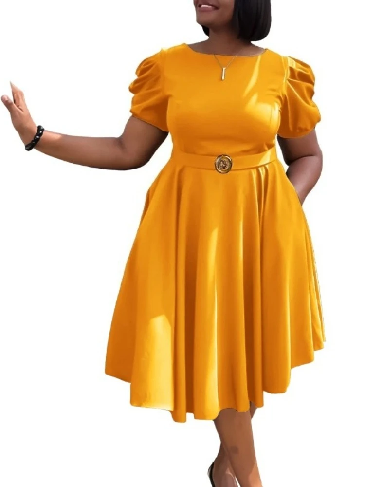 

Elegant Party Dresses for Woman O Neck Short Sleeve Belt Waisted Pleated Mid Calf Modest Female Birthday Dinner Vestidos Gowns