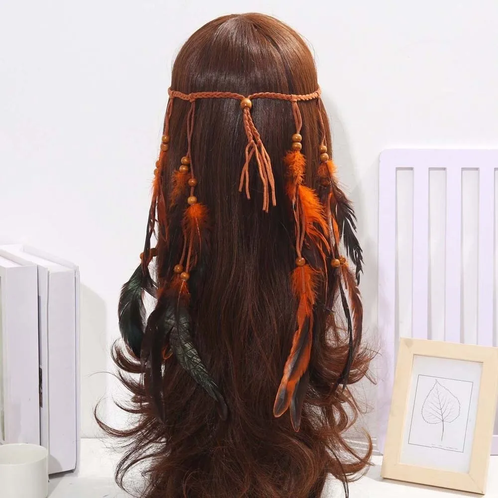 Cascading Tassels Long Feather Headpiece Intricate Beadwork Hand-tied Plumage Bohemian Tassel Headband Braided Cord