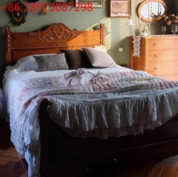 

Французская резная кровать принцессы в стиле ретро, американская двуспальная свадебная кровать из цельного дерева