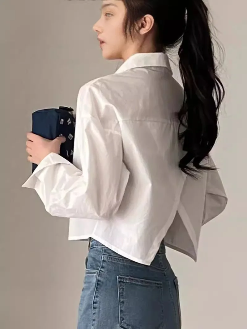 ربيع جديد عادية كم طويل المرأة قميص أبيض كوريا نمط الصلبة زر سبليت امرأة المحاصيل القمم بلوزة ملابس الحفلات