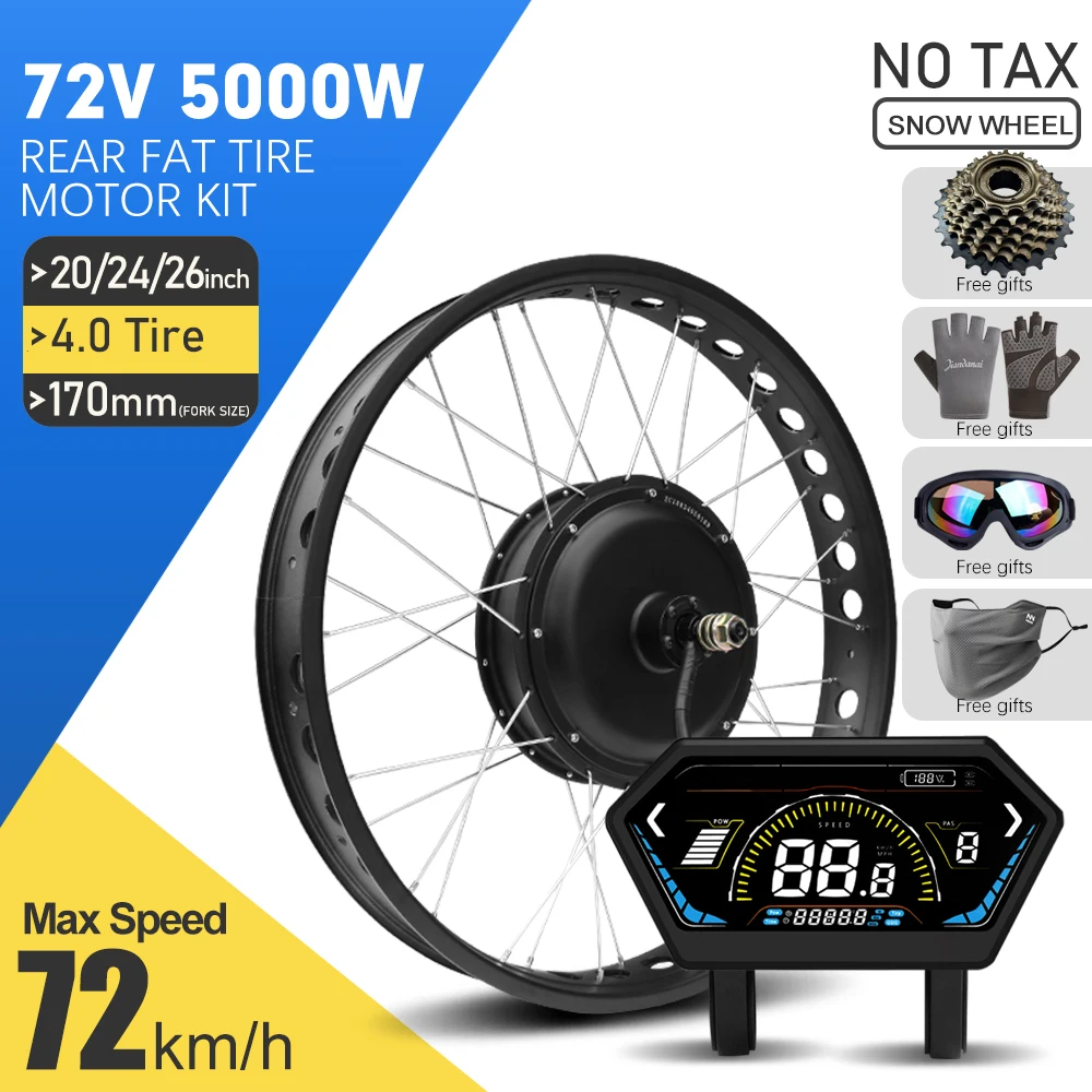 Electric Fat Bike Motor Kit 72V 5000W 4.0Tyre 20/24/26inch Brushless Non-gear Rear Hub Motor Wheel for Snow Ebike Conversion Kit