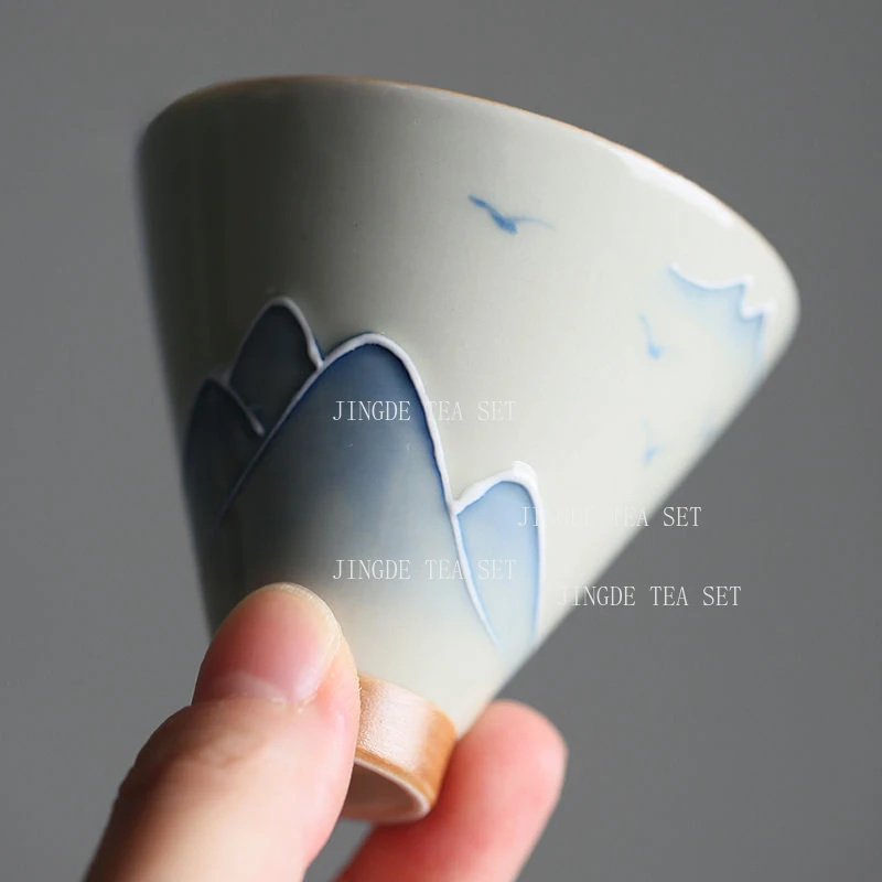 1pcs 50ml Hand Drawn Landscape Hat Tea Cup Grass Ash Ceramic Underglaze Colored Tea Cup Owner's Single Cups Drinking Utensils