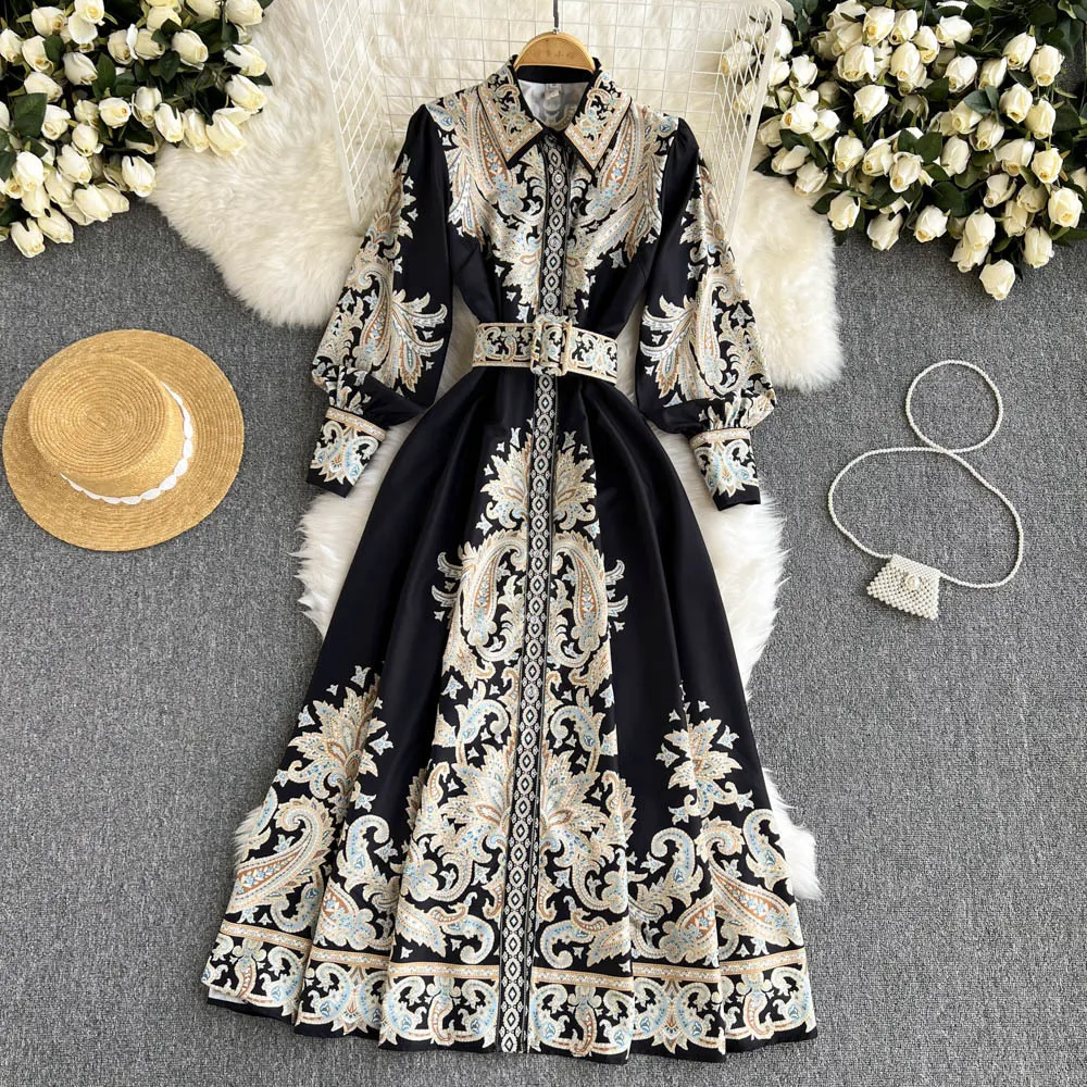 2024 Palace Stil Retro Gedruckt Temperament Hemd Langen Rock Herbst Und Winter Neue Stil High-End-Französisch Taille Cinching kleid