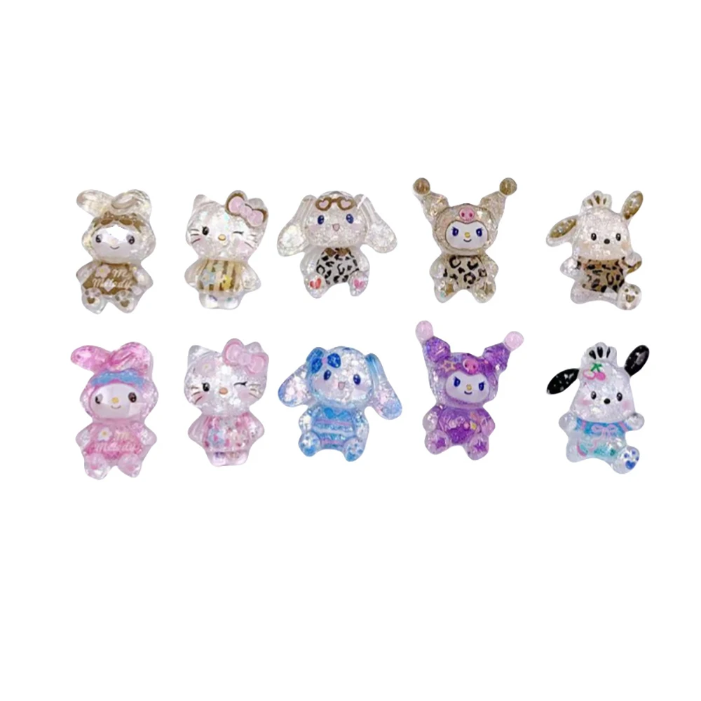 20 buah Aksesori kuku Sanrio payet Glitter kartun gambar cetak macan tutul Hello Kitty Kuromi Cinnamoroll Diy stiker seni kuku