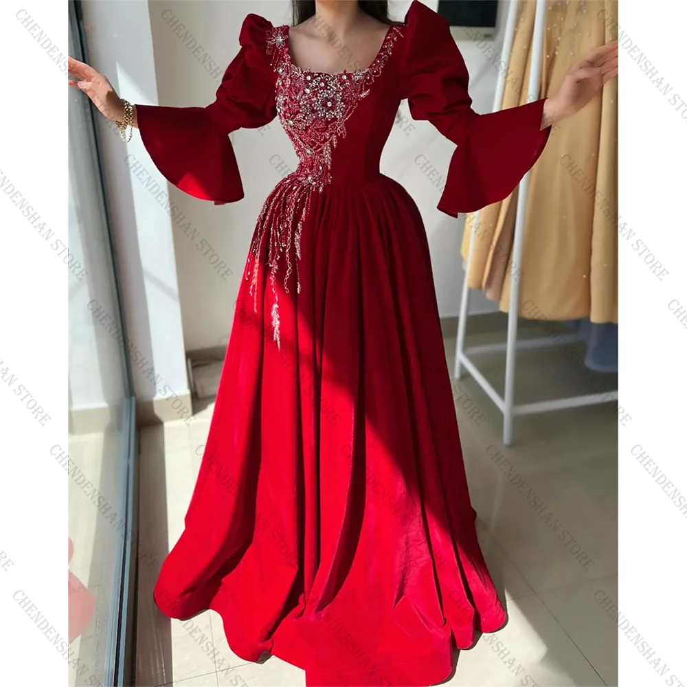 Rote Abendkleider mit Puffärmeln, A-Linie, quadratischer Ausschnitt, Promi-Kleid, weibliche Perlen, Hochzeits-Party-Kleider