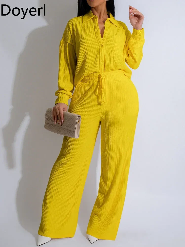 

Doyerl Solid Casual Loungewear Sets Women Two Piece Outfit Loose Fit Long Sleeve Shirt Top and Wide Leg Pants Matching Sets