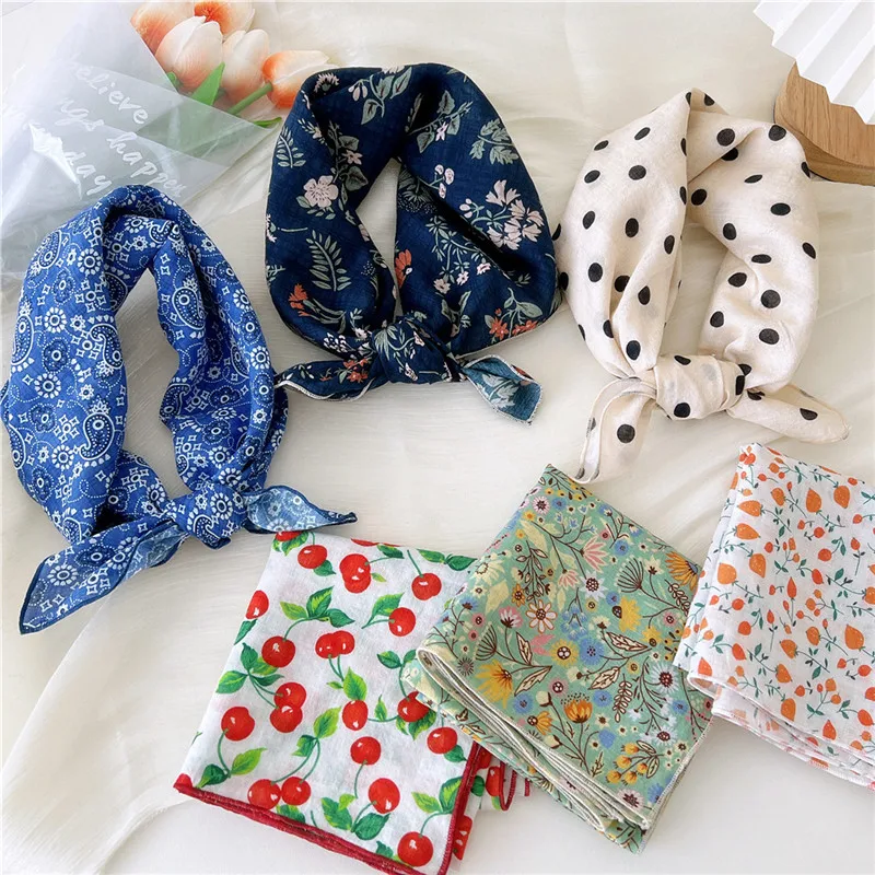 Floral Print Kerchief Square Scarves Bandanas Scarf for Women Neckerchief Cotton Linen Headband Headscarf Hair Band Turban 55cm