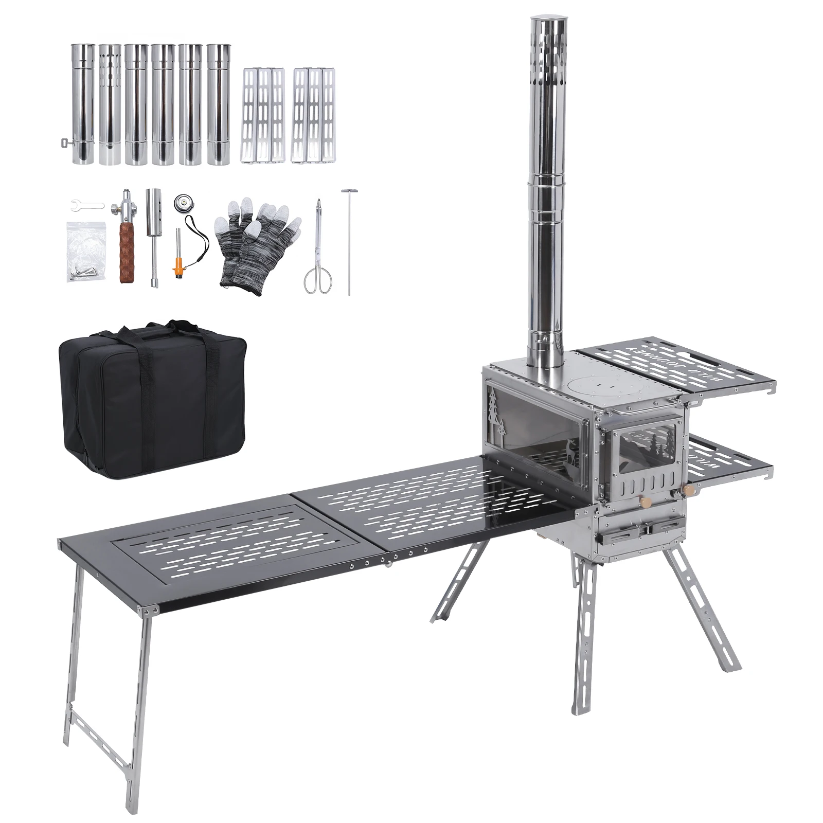 

Портативная печь для палатки с духовкой и столом для кемпинга, с дымоходом, малая походная дровяная печь из нержавеющей стали для обогрева, приготовления пищи и охоты